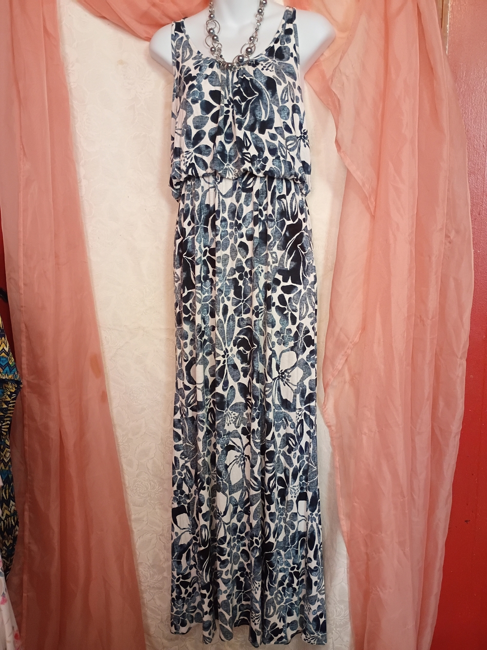 LOFT Ladies Navy and White Floral Sleeveless Maxi Dress Sz M